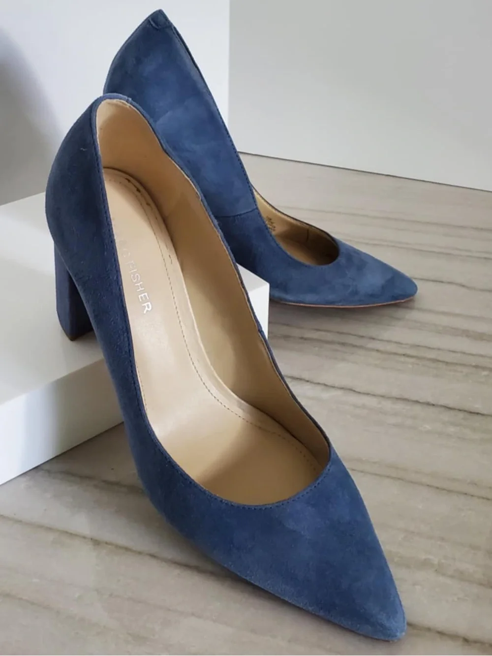 Marc Fisher Womens Viviene Block Heel Pumps Blue Suede Size 7.5